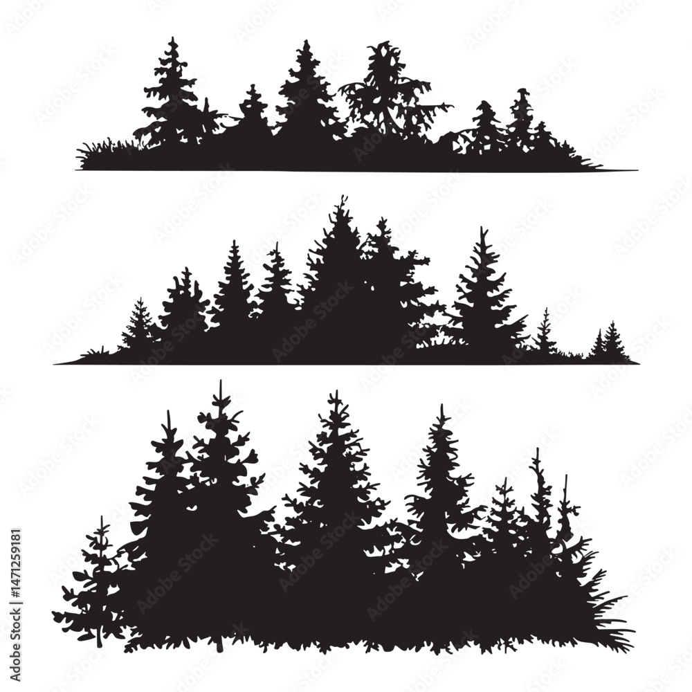 Fototapeta premium Pine tree silhouettes. Evergreen forest firs and spruces black shapes, wild nature trees templates.