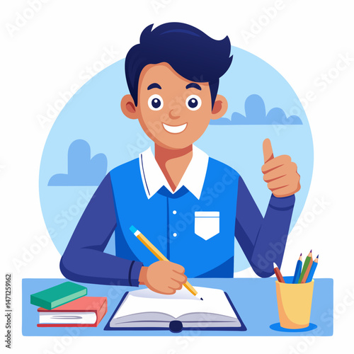 Happy student writing in notebook thumbs up bright blue shirt studying learning education success