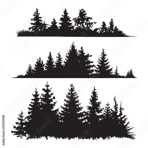Pine tree silhouettes. Evergreen forest firs and spruces black shapes, wild nature trees templates.