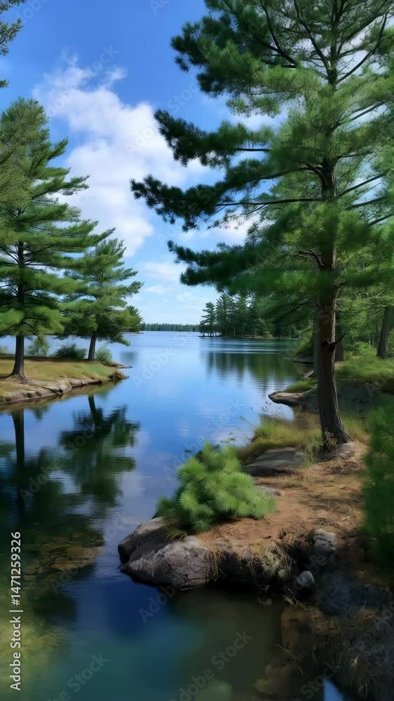 Serene lakeside landscape featuring tranquil water, reflective surface, trees, shoreline rocks, and beautiful blue sky with fluffy clouds on sunny day. Serene lakeside landscape featuring tranquil water, reflective surface, trees, shoreline rocks, and beautiful blue sky with fluffy clouds on sunny day.