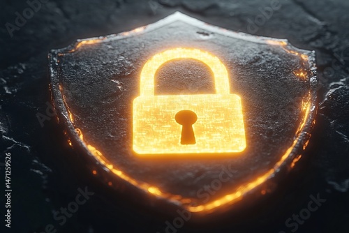 Cybersecurity Concept with Glowing Lock Symbol on Digital Shield for Data Protection
