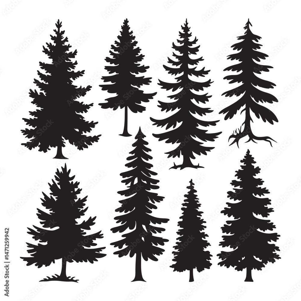 Obraz premium Pine tree silhouettes. Evergreen forest firs and spruces black shapes, wild nature trees templates.