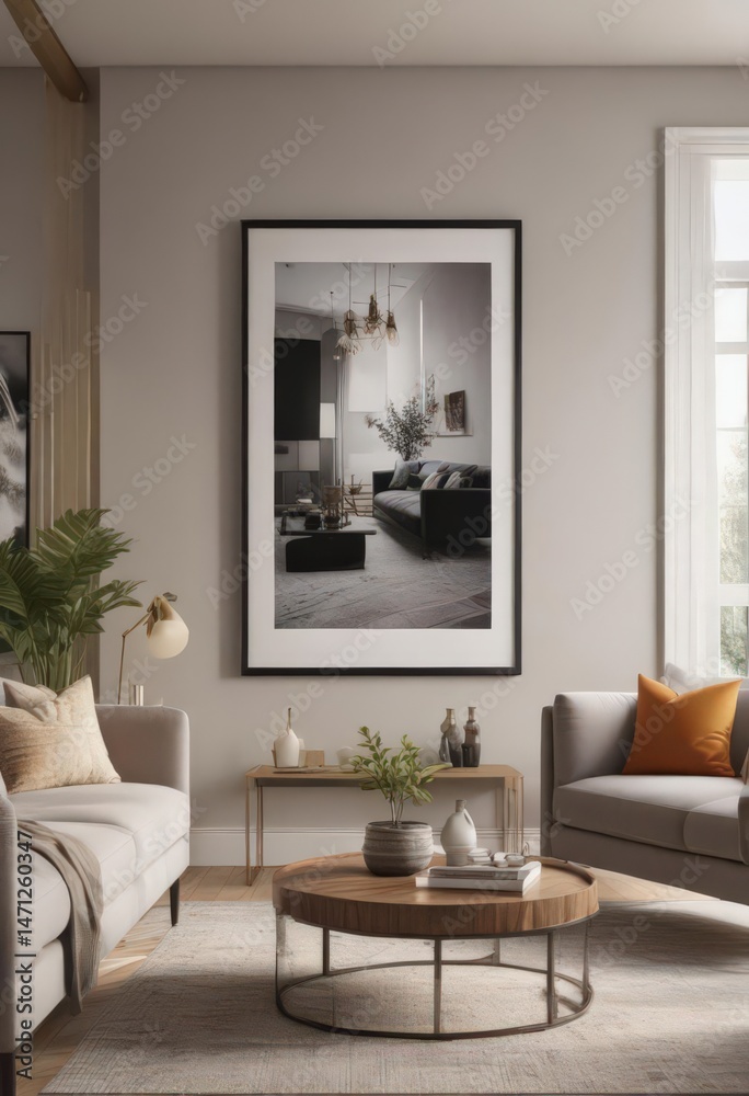 Fototapeta premium Chic living room, mixed-size framed prints, trendy accents , wall art design, home decor
