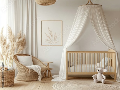 Cozy nursery with crib and wicker chair in neutral tones interior design showing bohemian style and natural light in home setting