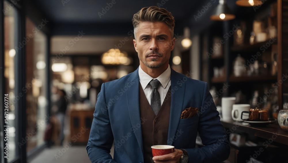 Fototapeta premium Businessman with a coffee cup stands proudly by his boutique.