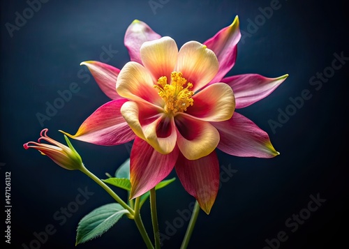 Vintage Columbine Bloom - Pink & Yellow Floral Art