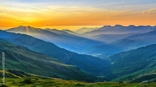 Serene Mountain Landscape at Sunset with Soft Color Gradients