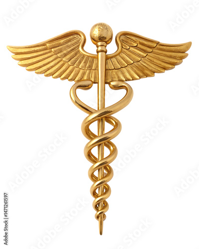 A golden medical caduceus symbol isolated on white background