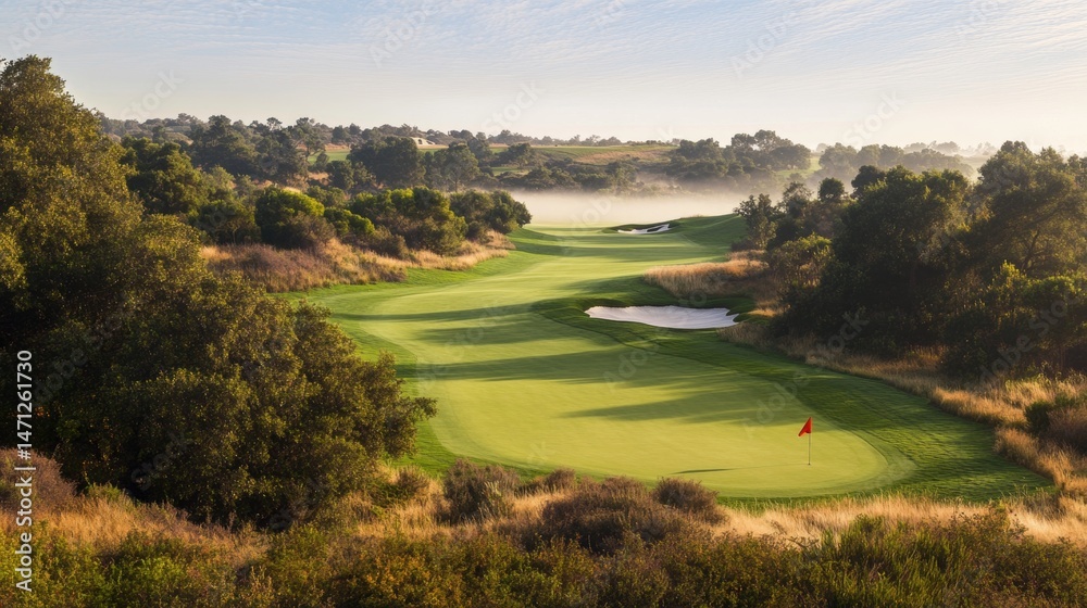 Obraz premium Scenic Golf Course with Morning Fog and Lush Green Landscape