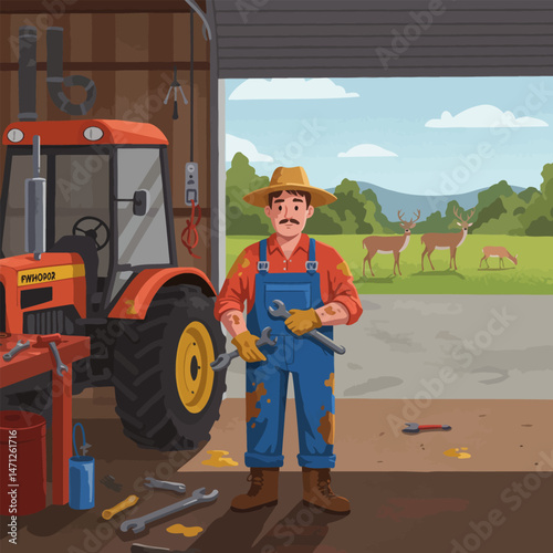 Farmer Holding Wrenches in Garage with Tractor and Deer Pasture