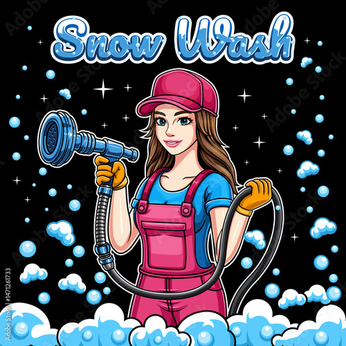 Illustration character of a car washer woman in a pink uniform