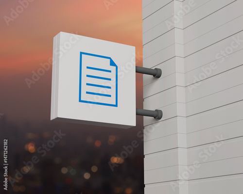 Document icon on hanging white square signboard over blur of cityscape on warm light sundown, Technology internet online concept, 3D rendering