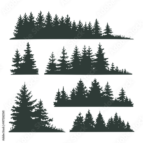 Pine tree silhouettes. Evergreen forest firs and spruces black shapes, wild nature trees templates.