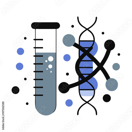 Laboratory flask with chemical liquid and DNA molecular chain on a minimalist background