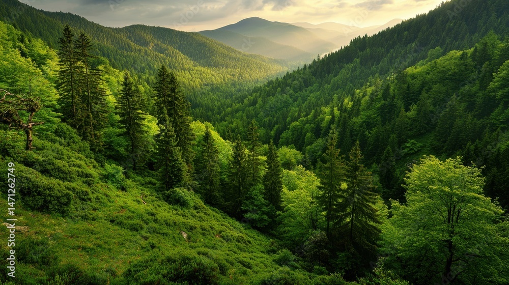 Fototapeta premium Serene Green Valley Surrounded by Lush Mountains and Dense Forests