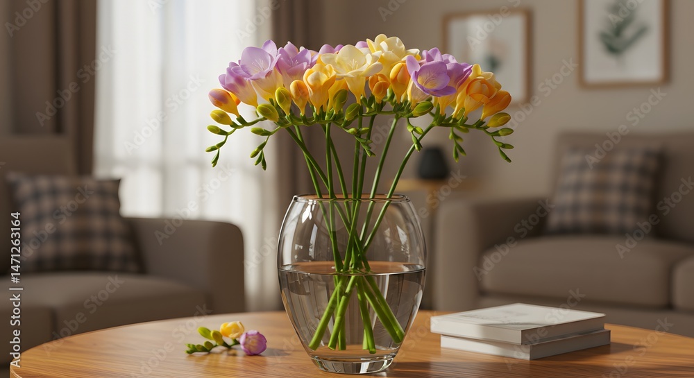 Flowers Arranged in Glass Vase on Wooden Table Indoor Flowers Arranged in Glass Vase on Wooden Table Indoor