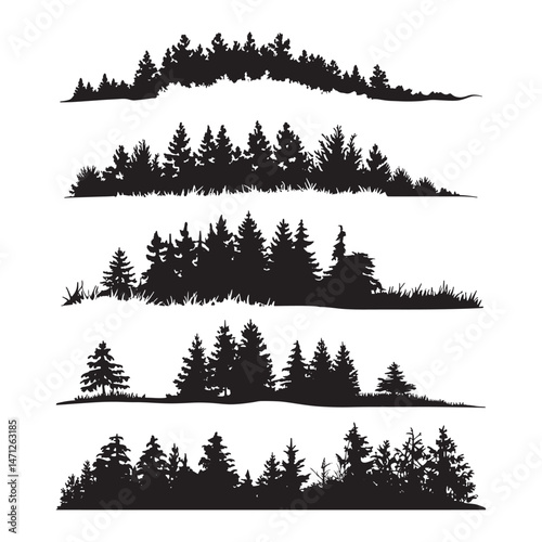 Pine tree silhouettes. Evergreen forest firs and spruces black shapes, wild nature trees templates.