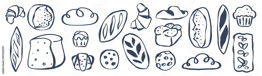 Naklejka premium Bundles of Loaf Bread, Bread Bakery Icon, Bake and Baking , Hand Drawn Whimsical sourdough, baguette, white bread, Challah, Cookies , Pastry in SVG Vector