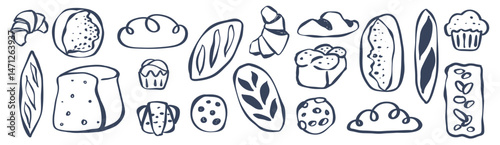 Bundles of Loaf Bread, Bread Bakery Icon, Bake and Baking , Hand Drawn Whimsical sourdough, baguette, white bread, Challah, Cookies , Pastry in SVG Vector