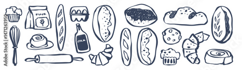 Bundles of Loaf Bread, Bread Bakery Icon, Bake and Baking , Hand Drawn Whimsical sourdough, baguette, white bread, Challah, Cookies , Pastry in SVG Vector