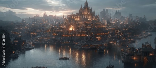 Coastal city at dusk