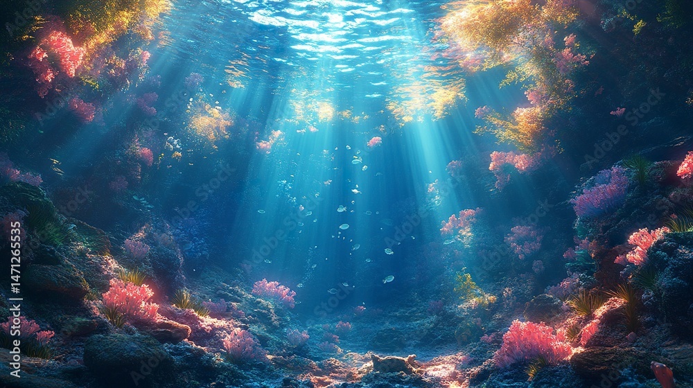 Fototapeta premium Mystical underwater world with floating particles and soft blue light 