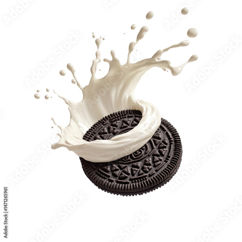 Oreo cookie splashed with milk, creating a fun and playful scene of indulgence and enjoyment. on transparent background