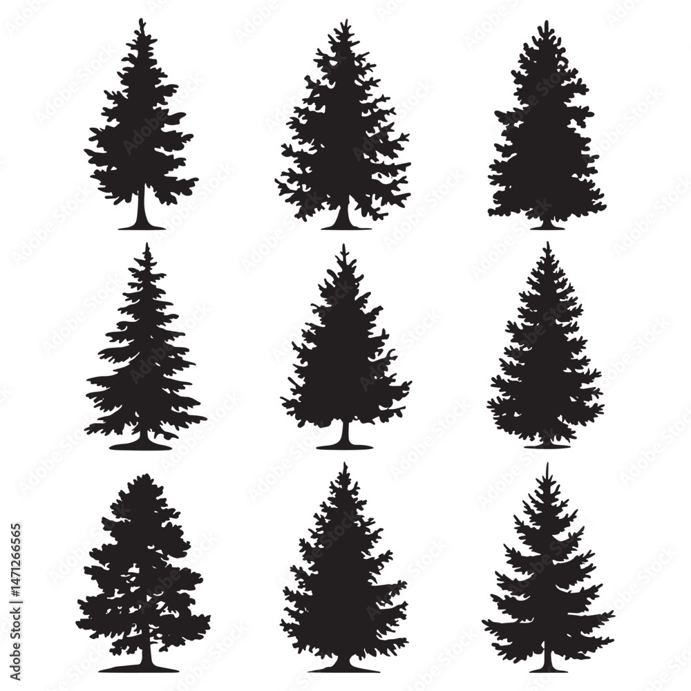 Fototapeta premium Pine tree silhouettes. Evergreen forest firs and spruces black shapes, wild nature trees templates.