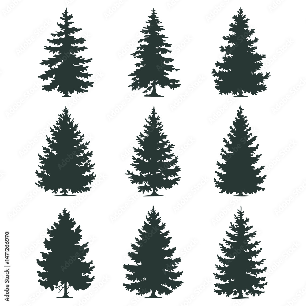Fototapeta premium Pine tree silhouettes. Evergreen forest firs and spruces black shapes, wild nature trees templates.