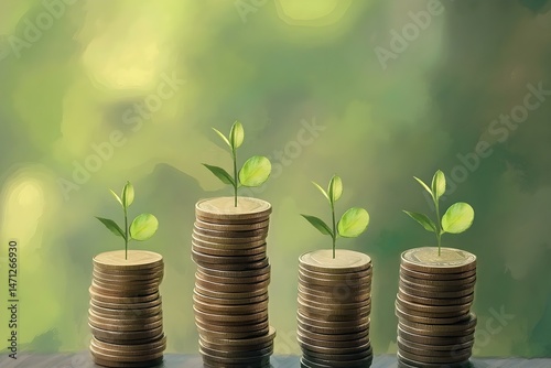 Four Stacks of Coins Increasing in Height Each Top for a Symbolic Representation of Financial Growth