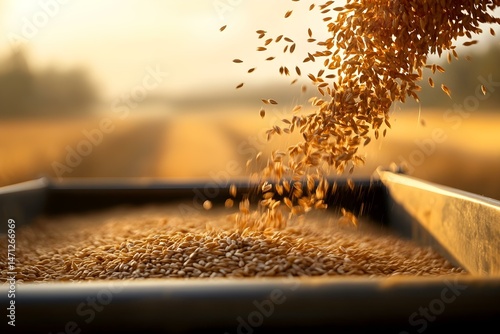 Golden Wheat Grains Pouring from a Container into a Rustic Surface for a Natural and Abundant Harvest Scene