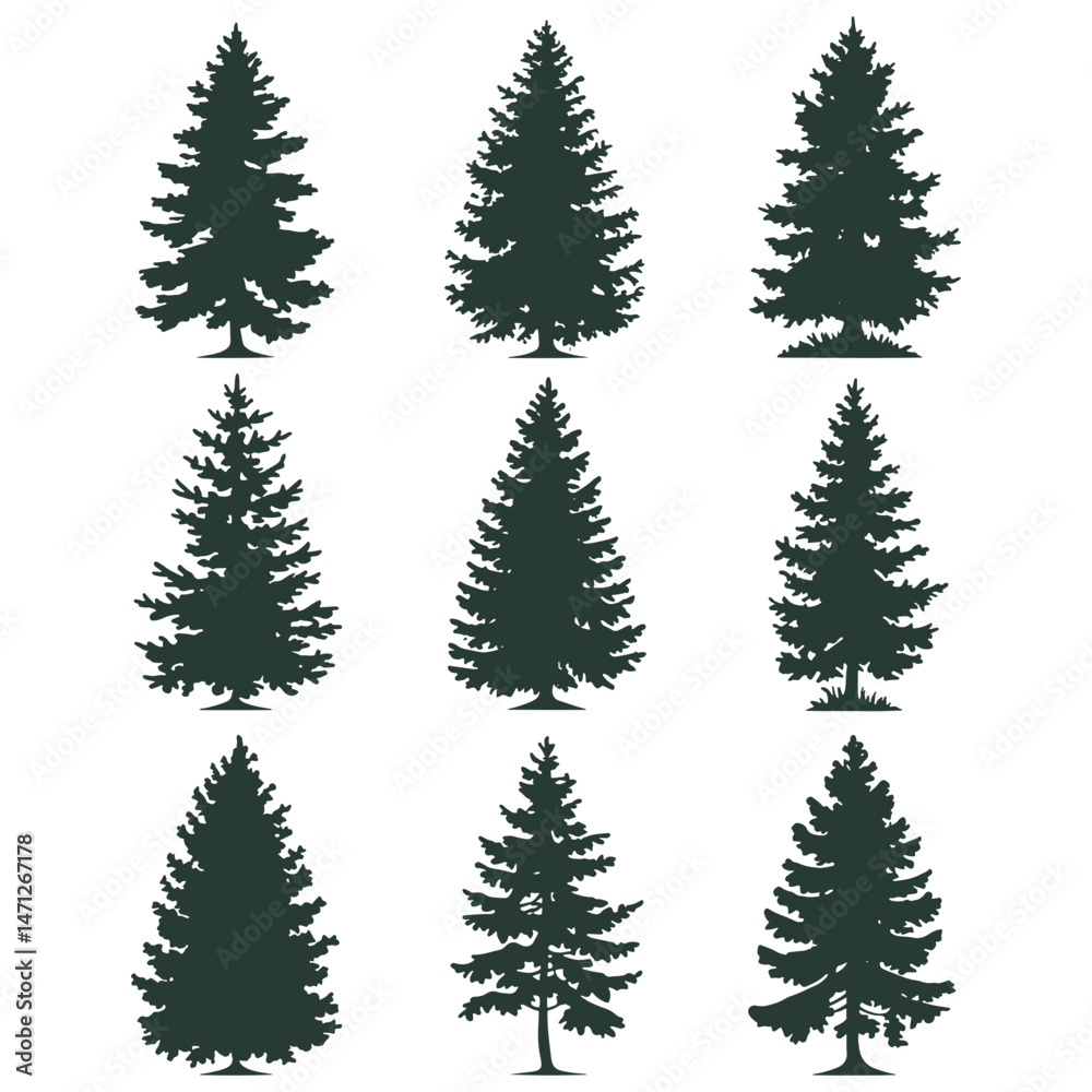 Obraz premium Pine tree silhouettes. Evergreen forest firs and spruces black shapes, wild nature trees templates.