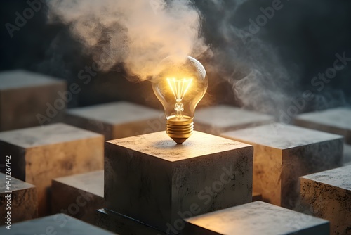 Illuminated Lightbulb in a Stone Box Surrounded by Shadows for a Dramatic and Symbolic Concept