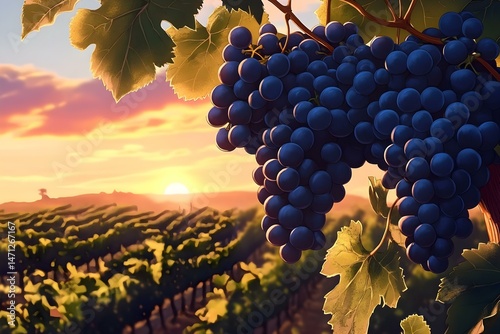 Illustration of Ripe Blue Grapes Hanging on the Vine for a Vibrant and Lush Botanical Artwork