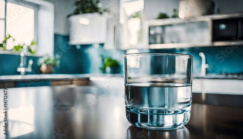 Glass of clean drinking water on a kitchen counter