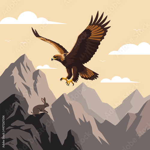 Eagle Hunting Rabbit Over Mountains with Clouds in the Sky