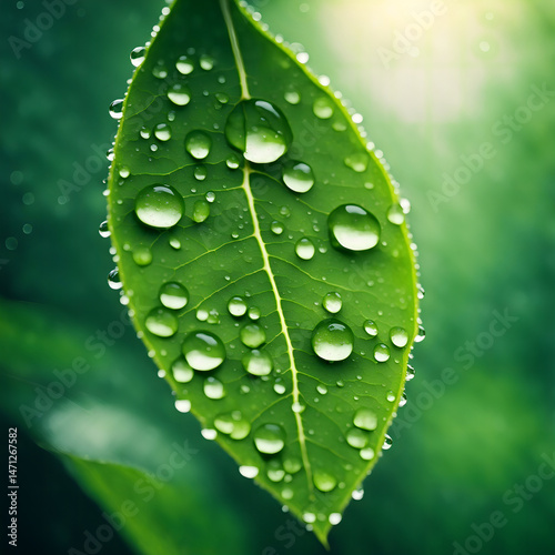 Close-up of a green leaf with water droplets