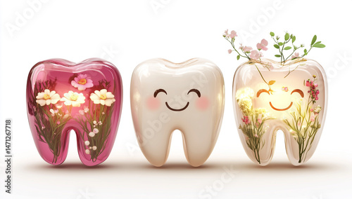 Artistic dental trio - flower, glass and smile expression on white background