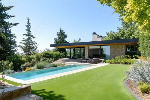 Modern Home Exterior with Pool and Landscaped Garden for a Luxurious and Serene Living Space