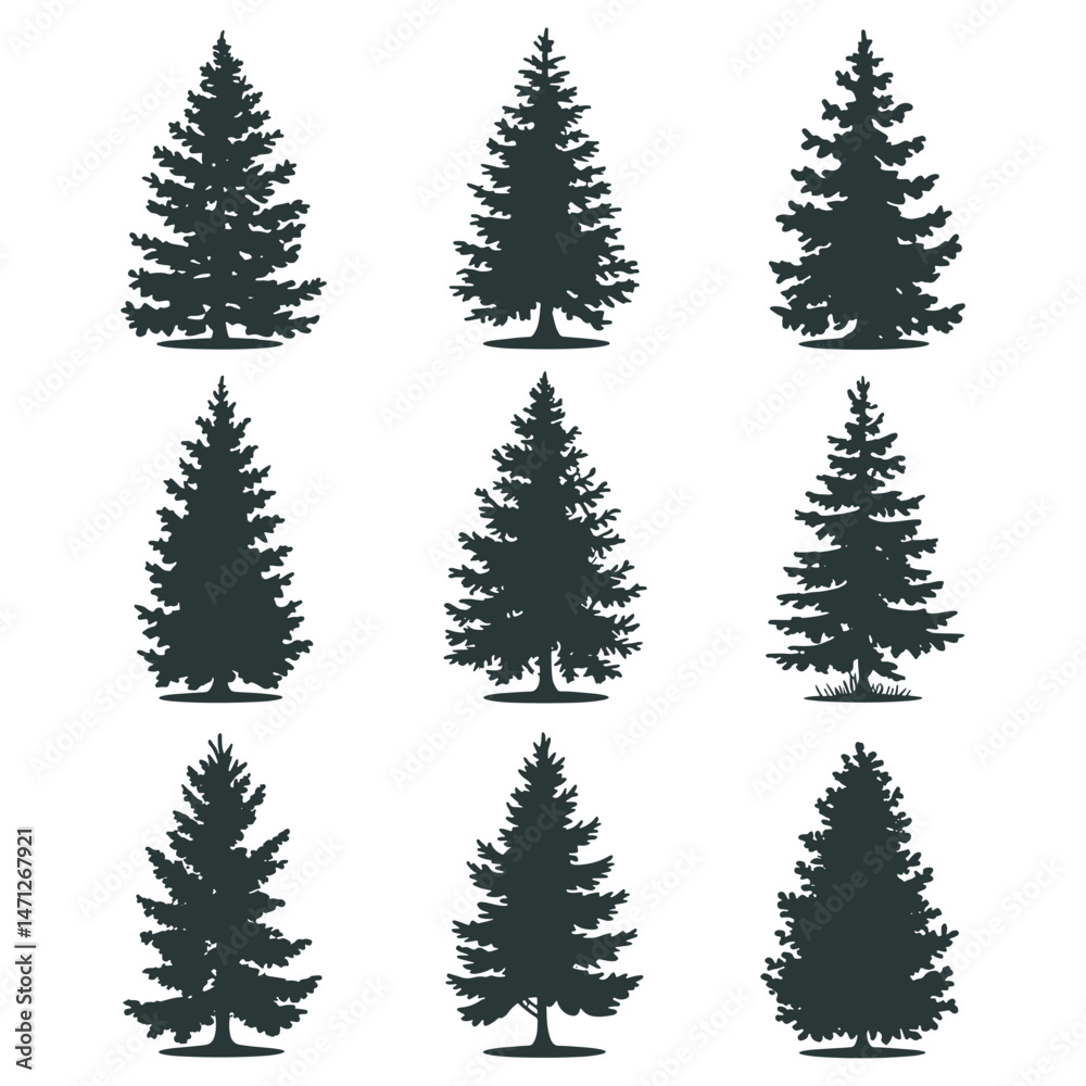 Fototapeta premium Pine tree silhouettes. Evergreen forest firs and spruces black shapes, wild nature trees templates.