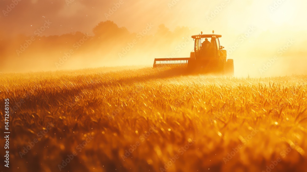 Fototapeta premium Farmer operates modern harvesting machine in golden wheat field, with sunlight shining across.