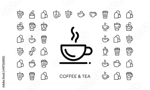 Modern vector illustration set of editable line icons of tea and coffee,, easily scalable and editable.