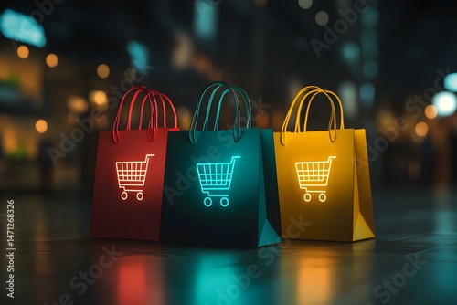 Three Shopping Bags in Teal, Red, and Yellow Featuring Glossy Finishes for a Vibrant Retail Presentation