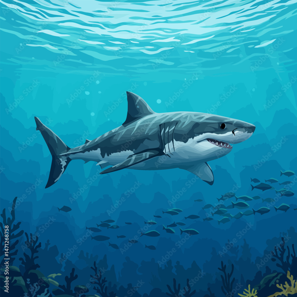 Fototapeta premium Shark Swimming Underwater with Fish and Coral Reef Illustration