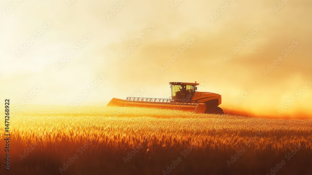 Fototapeta premium Farmer operates modern harvesting machine in golden wheat field, with sunlight shining across.