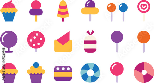 Vibrant sweet candy icon collection showcasing a variety of sugary treats ideal for graphic projects dessert menus and festive web design assets
