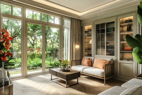 Elegant Interior Design of a Cozy Room with Garden View for a Sophisticated and Serene Atmosphere