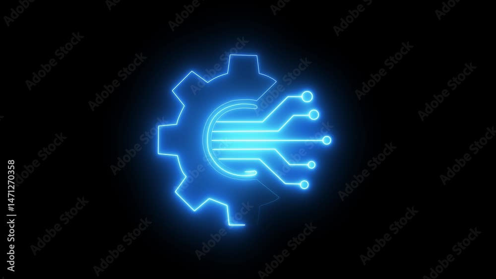 Glowing neon Technology icon on dark background. cyan color ,technology video ,HD Video graphic animation Gear rotation for your business. gear icon technical concept and networking concept. neon 