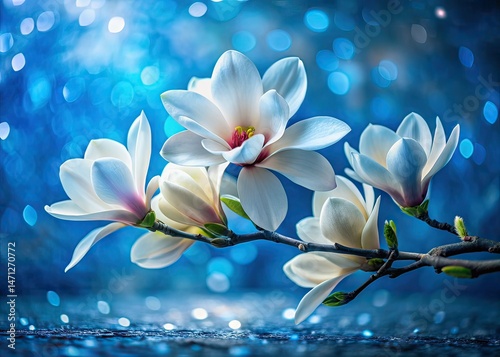 White Magnolia Flowers in Low Light Blue Abstract Background