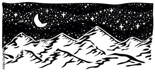 Mountain landscape under starry sky, hand drawn illustration of the Milky Way. Vector illustration.